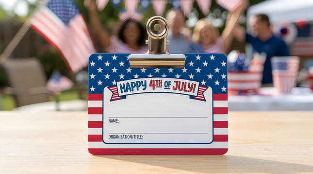 Happy 4th of july name badge with american flag pattern