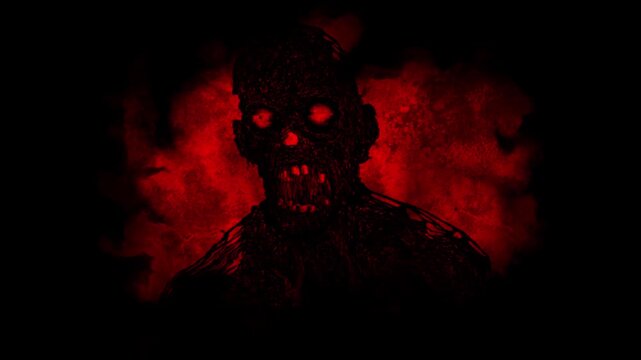 黒いノイズの入った動く人影と赤い不気味な背景のアニメーション動画
