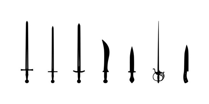 Swords and Daggers Arranged in a Row in Medieval-Style Silhouettes with Crossguards and Pointed Blades on a White Background