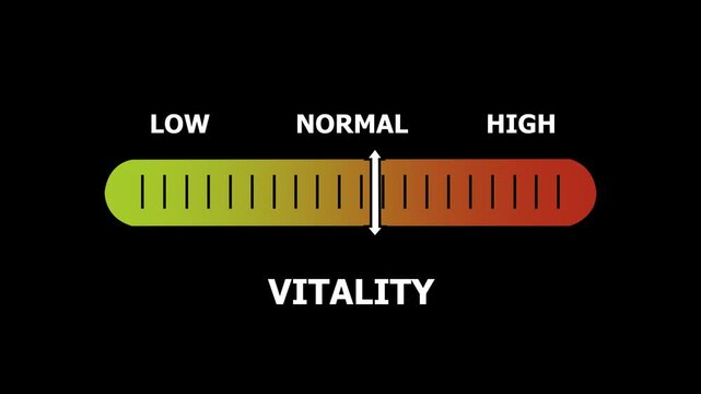 vitality level indicator scale. Low normal & high meter infographic animation. Showing high vitality level color gauge indicator. on a black background 4k animation video