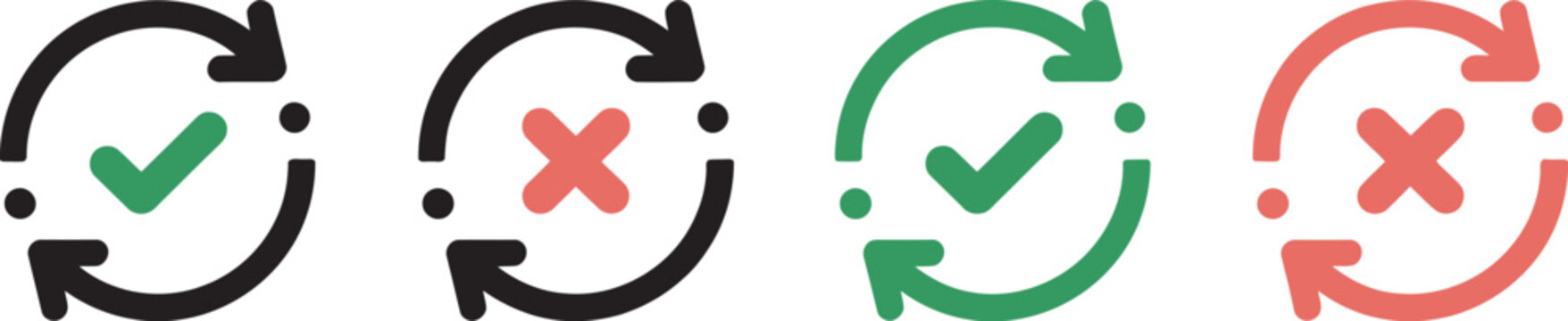 Rotation arrows and validation icons, vector set including circular direction arrows, check marks, cross signs, confirmation, cancellation, update, and status symbols in modern flat illustration style