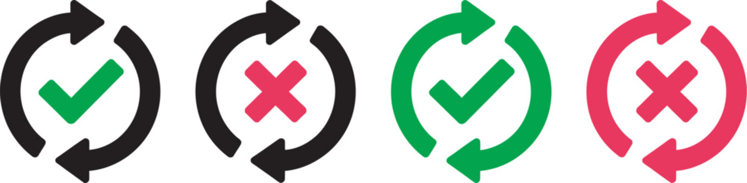 Arrow rotation direction icon set, vector collection featuring clockwise and counterclockwise arrows with check marks, cross symbols, approval, rejection, refresh, and process flow indicators 