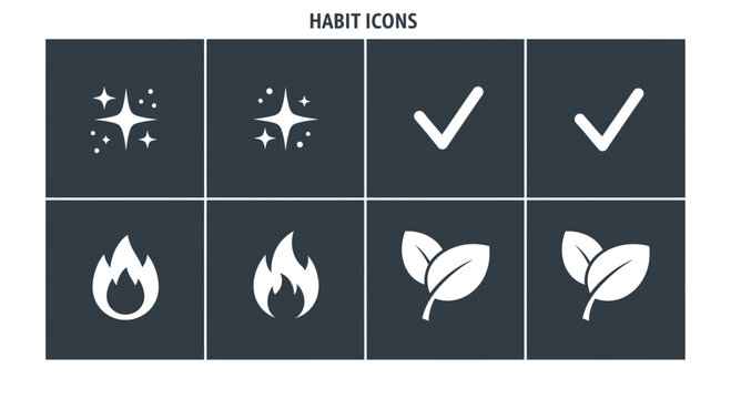 Minimalist habit tracker icons set including sparkle fire and leaf checkmarks