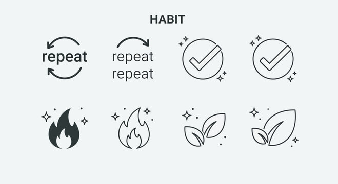 Minimalist habit tracking icon set featuring repeated actions and growth symbols