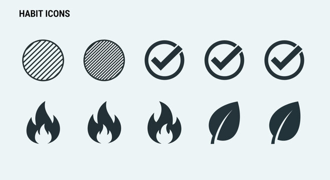 Minimalist habit tracking icons set including checkmarks fire and leaf symbols on light background