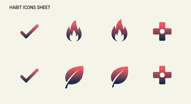 Minimalist habit tracking icons set with fire leaf and checkmark symbols for productivity