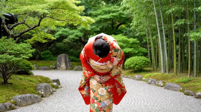 Women in kimonos bow in bamboo forests, Japanese women in kimonos bow