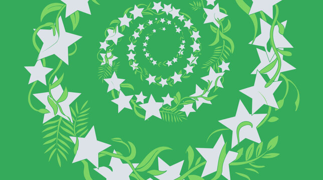 Green spiral pattern of white stars and leaves on a green background, abstract floral design