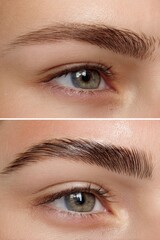 Fototapeta premium Close up of female eye and eyebrow before and after lamination procedure