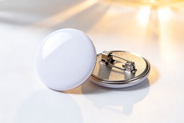 Naklejka premium White Button Badge with Metal Pin on Soft Light Background