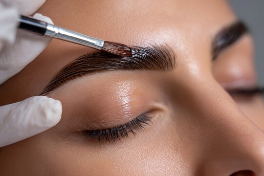 Macro view of professional master applying dye or tint on female eyebrow with a brush in a beauty salon