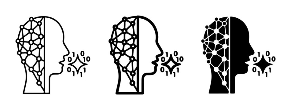 AI Brain Icon Set, Artificial Intelligence Concept, Neural Network Head, Data Output, Technology Symbols