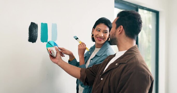 Painting, smile and swatch with couple in home together for diy project or renovation decision. Choice, color palette and compare with happy people in apartment for investment, mortgage or support