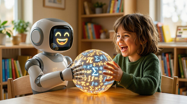 Child laughing while interacting with robot holding glowing sphere  