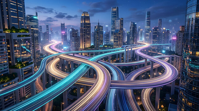 Modern city skyline with busy highway interchange and glowing light trails at night