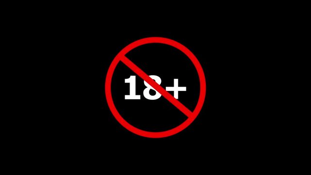 18 plus age limit advisory sign animation ideal for censored video content, legal age verification screens, on a black background 4k animation video
