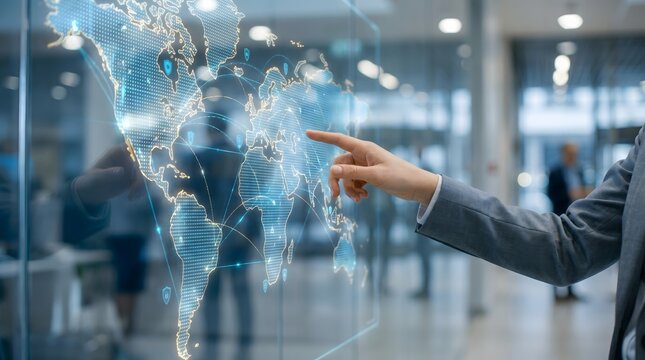 Businesswoman pointing at a glowing world map hologram with shield icons representing global network security.