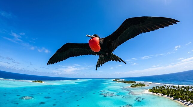 Male great frigatebird with red gular pouch soaring over tropical atoll islands and turquoise ocean