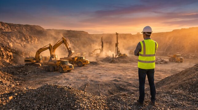 Site manager wearing safety gear standing on rock pile overlooking heavy industrial mining machinery and excavators in large open pit quarry during golden hour
