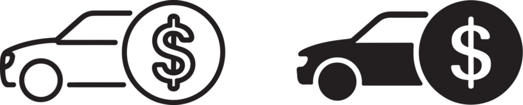 Car value comparison icon, black and white vector design showcasing vehicles with dollar signs, pricing scales, cost comparison symbols, and purchase decision indicators in professional outline style 