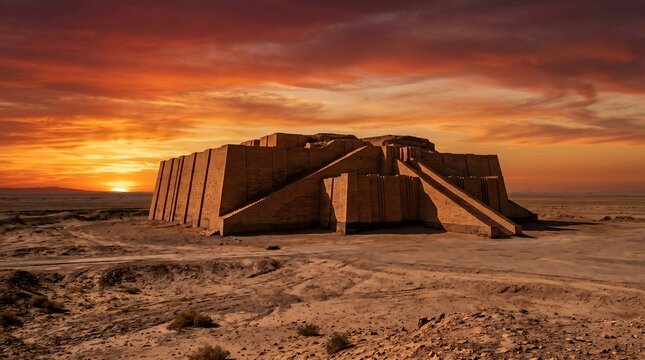 Wide angle landscape of ancient Mesopotamian Ziggurat of Ur at sunset under orange desert sky
