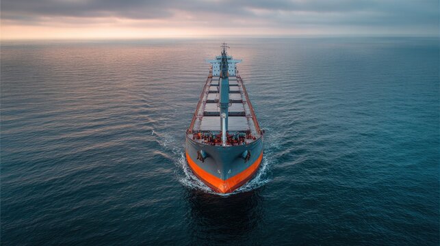 Large cargo ship sails across calm ocean under a dramatic sunset sky