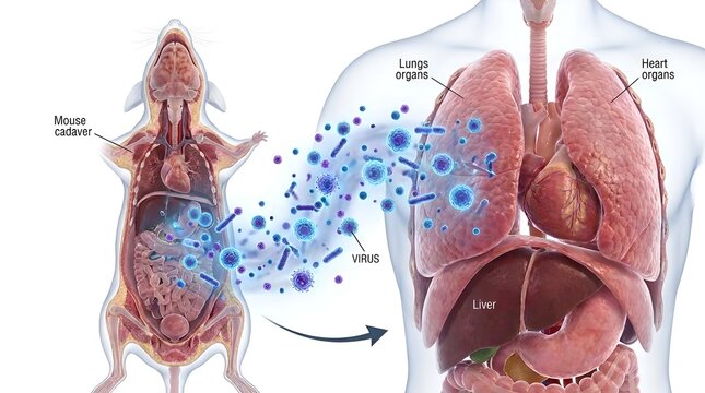 Viral infection illustration, mouse anatomy and human internal organs concept.