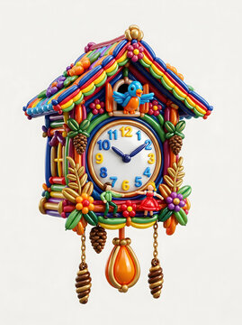 Whimsical cuckoo clock made of colorful balloons isolated on white background. Generative AI