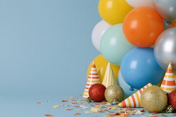 Obraz premium The Balloons Celebration Arrangement on Blue Background with Party Hats and Confetti