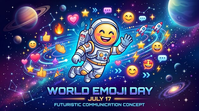 World Emoji Day, futuristic communication concept, astronaut surrounded by emojis, space background