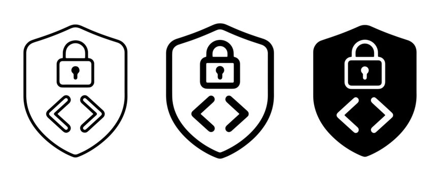 Cybersecurity Shield Icons: Secure Code Protection, Data Privacy, Digital Safety, Network Security, Encryption, Access Control, Binary Code