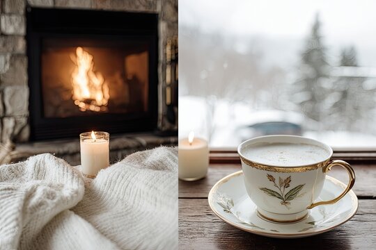 Cozy winter scene fireplace warmth beside a window with snowy landscape