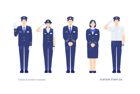 敬礼や手を振るポーズをする駅員・鉄道スタッフの男女5人のベクターイラストセット