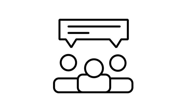 Team Audience Seminar Chat Animated Icon. Animated line icon of an audience looking up at a presentation speech bubble representing collective brainstorming or group training.