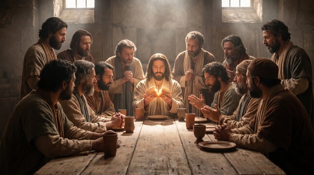 The Last Supper of Jesus Christ Breaking Bread with His Disciples in a Sacred Chamber, Biblical Illustration of Eucharist