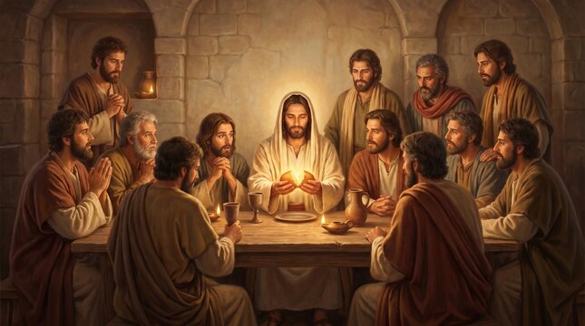 Artistic Illustration of the Last Supper with Jesus Christ Breaking Bread and Blessing the Apostles, Sacred Communion Scene