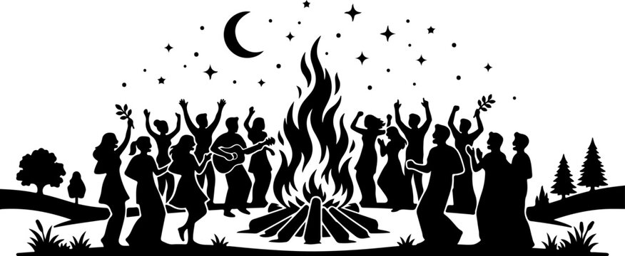 Silhouettes of people dancing and playing guitar around a large summer solstice bonfire under a starry night sky with a crescent moon.
