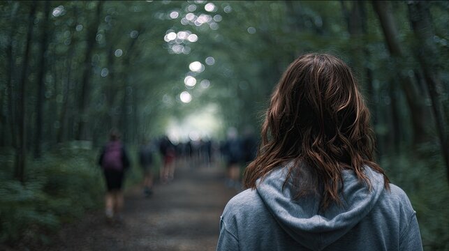 Person in hoodie walks down a forest path with blurry figures ahead