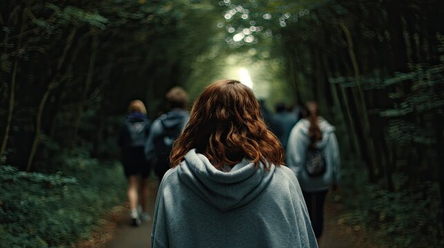 People walk down a lush, overgrown, sun-dappled forest path with trees forming an arch
