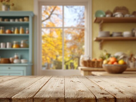 Rustic wooden table in a warm, sunlit kitchen with autumn foliage outside