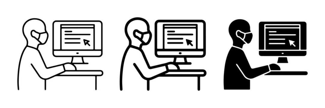 Person Wearing Face Mask Using Computer, Digital Interface Icons Set, Online Work and Safety Concepts