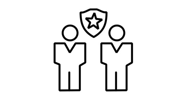 Protected Business Team Security Animated Icon. Animated line icon of two businesspeople figures protected by a shield with a star for human resource security safety.