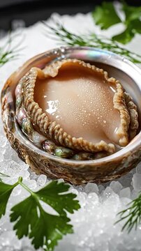 Cinematic View Of Fresh Raw Abalone Mollusk In Shell On Crushed Ice With Herbs
