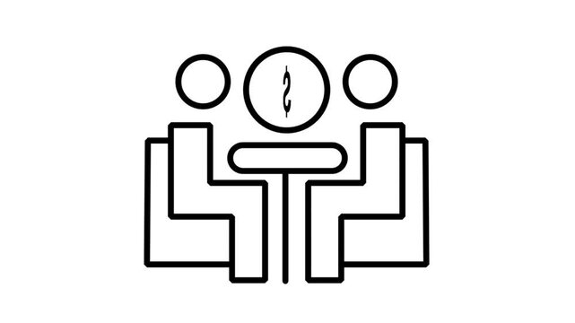 Business Meeting Financial Discussion Animated Icon. Animated line icon showing people sitting at a table discussing financial data with a dollar coin symbol above them.