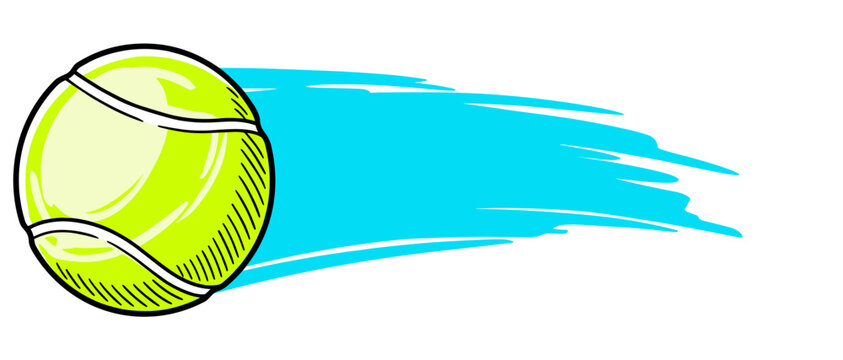 tennis ball, cyan brush stroke motion, sports game element, hand drawn vector illustration on transparent background sketch