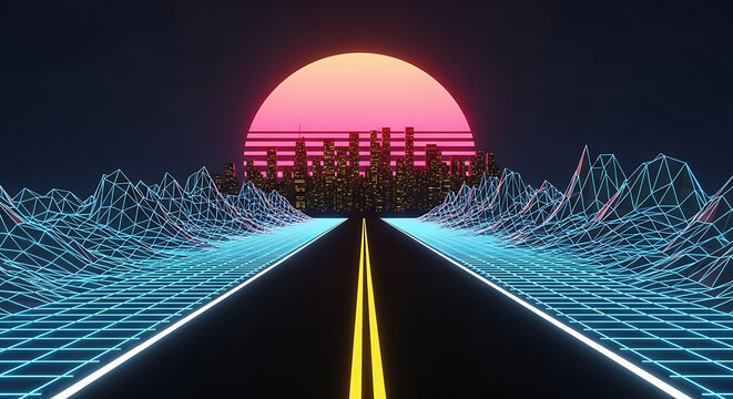 Retro synthwave landscape with road toward setting sun and digital wireframe mountains synthwave retrowave landscape wireframe mountains abstract perspective technology illustration
