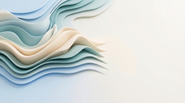 Minimalist 3D abstract background featuring multi layered topographic wave structures with smooth claymorphism matte texture and copy space