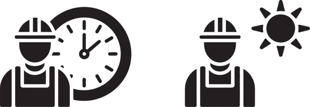 Construction workers icon, vector illustration featuring builders wearing hard hats alongside a clock, sun, and moon symbols representing work schedules, shift planning, day and night operations,