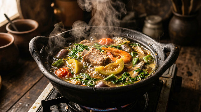 Steaming Filipino sinigang cooking in a black clay pot with shrimp, pork, fish, vegetables, and sour broth on a rustic stove