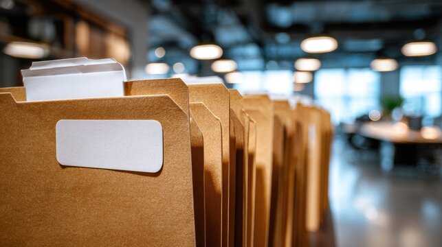 Row of brown file folders with blank labels in an office